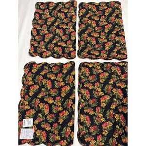 April Cornell Placemats Black Floral Quilted Scalloped Set of 4 Reversible
